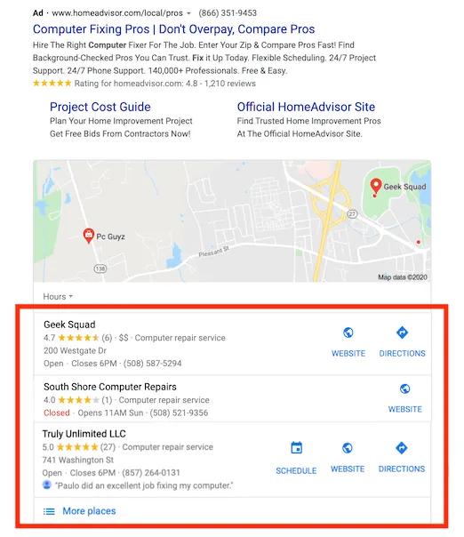 Google My Business block in SERP